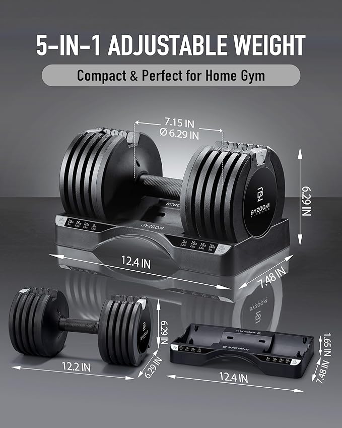 BYZOOM FITNESS Pure Series Adjustable Dumbbell 25LB Set of 2 + Adjustabel Bench Bundle Set for Home Gym