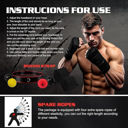 KTEBO® Boxing Reflex Ball Headband Set - Includes 4 Different Balls and 2 Adjustable Headbands for Beginner Proficiency Improvement, Great Boxing Equipment