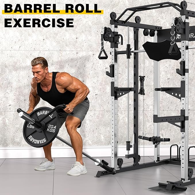 Smith Machine Strength Training Squat Rack with Smith Bar, Power Cage with LAT Pull-Down Systems, Cable Crossover Machine for Home Gym