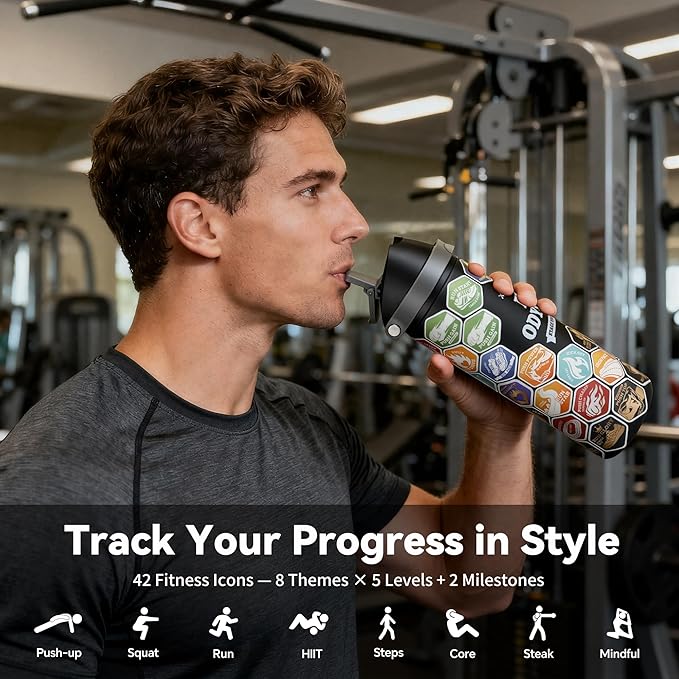 24 oz Motivational Insulated Stainless Steel Water Bottle for Sports, Gym & Travel, 2-in-1 Push-Button Spout & Quick-Flip Straw, Leak-Proof BPA-Free, Keeps Cold 30H, with DIY Fitness Stickers