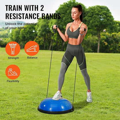 VEVOR Half Exercise Ball Trainer, 23/26 inch Balance Ball Trainer, 1500lbs Capacity Stability Ball, Yoga Ball with Resistance Bands & Foot Pump, Strength Fitness Ball for Home Gym Full Body Workout