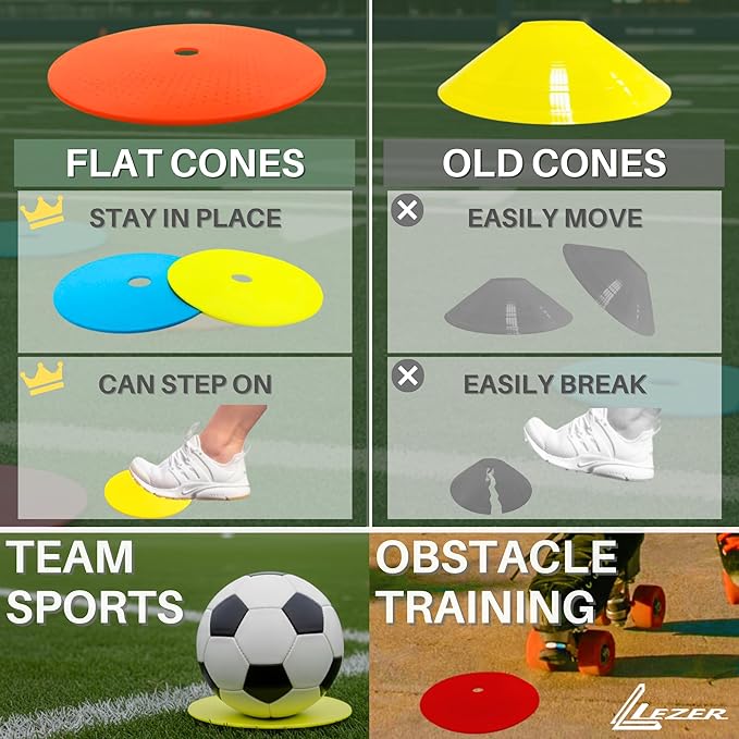 LEZER 6 Inch 8 Inch Flat Cones, Spot Markers, Soccer Cones, Field Court Markers, Sit Spots, Flat Discs, Soccer Training Equipment, Agility Practice, Football, Made in Taiwan