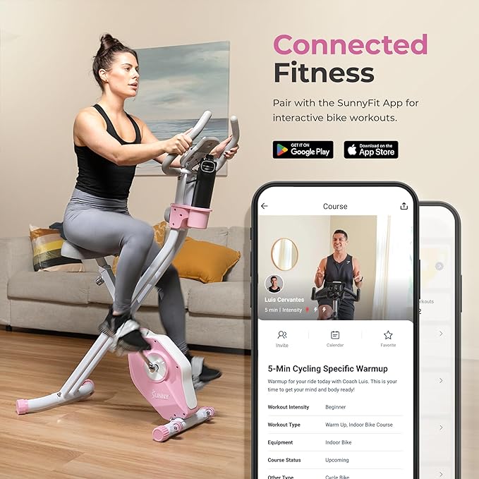 Sunny Health & Fitness Smart Folding X-Bike, Portable Compact Exercise Bike for Indoor Cycling Workout, Home Cardio Training Machine, Free SunnyFit App Bluetooth Connect