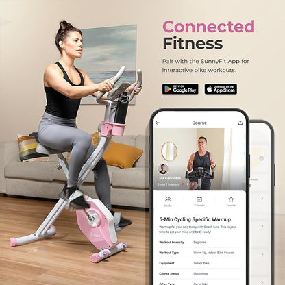 Sunny Health & Fitness Smart Folding X-Bike, Portable Compact Exercise Bike for Indoor Cycling Workout, Home Cardio Training Machine, Free SunnyFit App Bluetooth Connect