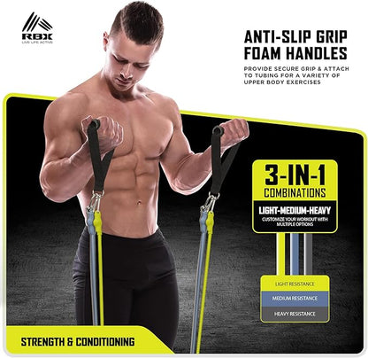 RBX 6 Piece Home Gym Resistance Kit - Light, Medium, Heavy Resistance Bands, Grip Handles, Door Anchor, Ankle Strap & Carry Bag
