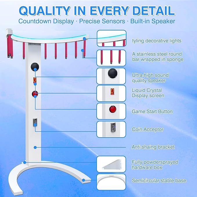 CAMINI Reflex Stick Challenge Game, Adjustable Speed Hand-Eye Coordination Trainer Arcade Machine for Events, Rentals, and Family Game Nights, LED Light & Music Reaction (White)