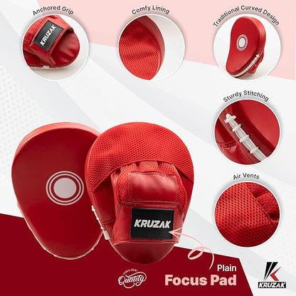 Kruzak Plain Focus Mitts and Boxing Gloves Set for Kickboxing and Muay Thai MMA Training - Fitness Kit with Punching Pads for Martial Arts and Karate
