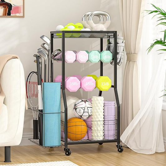 Home Gym Storage Rack, Dumbbell Rack with Yoga Mat Storage, Weight Rack Stand with Lockable Wheels and Hooks, Home Workout Equipment Organizer for Yoga, Dumbbell, Kettlebells, Ball Storage