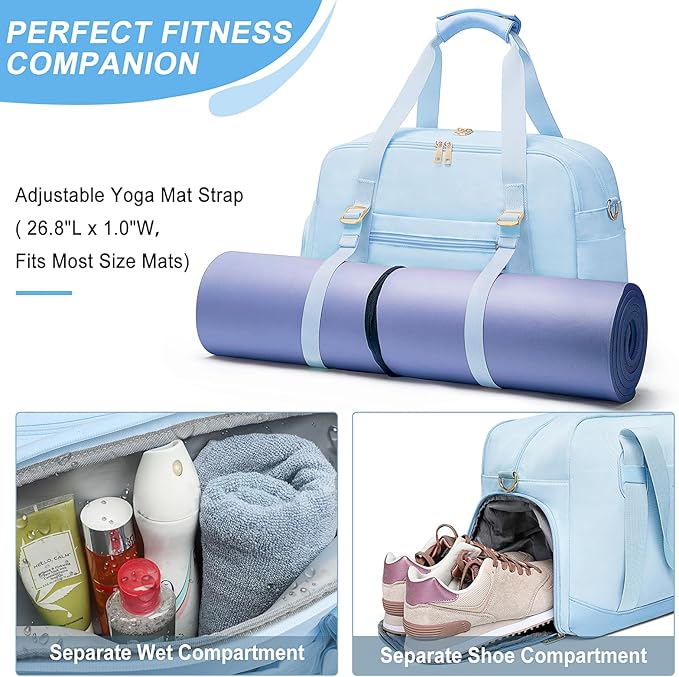 Sports Gym Bag for Women, Travel Duffle Bag with Shoe Compartment & Wet Pocket, Fitness Yoga Bag