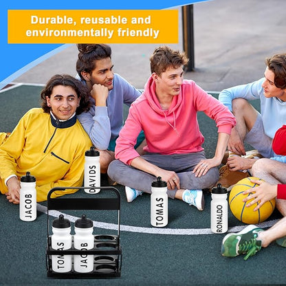 Suclain 7 Pcs Water Bottle Carrier with 20 Oz Bottles and Stickers Plastic Wide Mouth Sports Water Bottle Squeeze Team Bottles with Black Lid for Fitness Bike Gym (White)