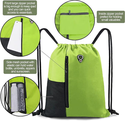 BeeGreen Lime Drawstring Backpack Gym Bag For Men & Women – Sports Sackpack with Mesh Water Bottle Holder & 2 Zippered Pockets – Large 16x20 Inch Cinch String Backpack Workout Bag for Running, Travel