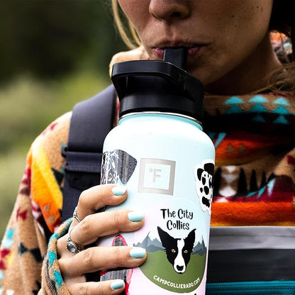 IRON °FLASK Camping & Hiking Hydration Flask with Straw, Wide Mouth Insulated Stainless Steel Sports Water Bottle - 64 oz Blue Waves