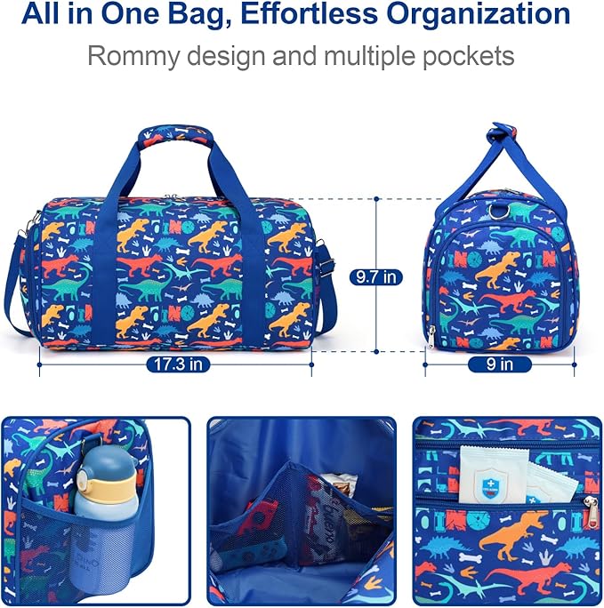 Bagseri Boys Duffle Bag for Travel - Kids Gym & Sports Bag with Shoe Compartment & Water Resistant Wet Pocket, Weekender for Camping & Sleepover (Blue Dinosaur)