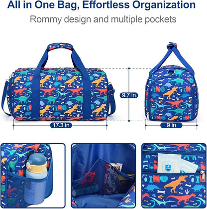 Bagseri Boys Duffle Bag for Travel - Kids Gym & Sports Bag with Shoe Compartment & Water Resistant Wet Pocket, Weekender for Camping & Sleepover (Blue Dinosaur)