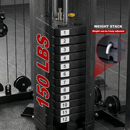 Multi-Functional Home Gym Workout Equipment, All-in-One Smith Machine w/150lbs Weight Stack&Cable Crossover, Leg Press, PEC Fly, LAT, Squat, Heavy Duty Full Body Training for Family, Black