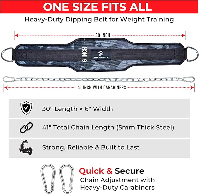 AQF Dip Belt for Weightlifting - Weight Belt with 36" Heavy Duty Steel Chain - Neoprene Padded Back Support Gym Lifting Belt for Powerlifting, Bodybuilding, Squat, Fitness & Pull up Training