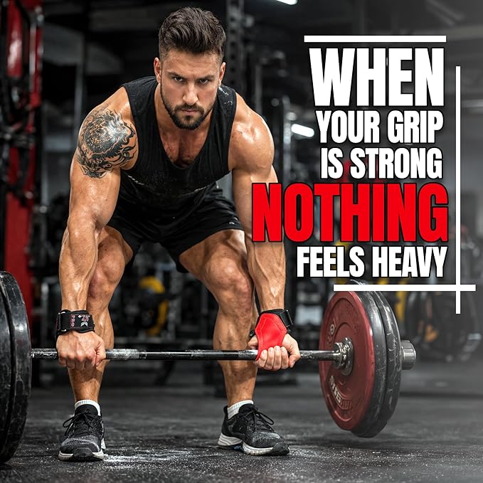 QTF Weight Lifting Grips (Pair) for Heavy Powerlifting, Wrist Straps for Deadlifts, Rows, Pull Ups, with Neoprene Padded Wrist Wraps Support and Strong Rubber Gloves or Straps for Bodybuilding.