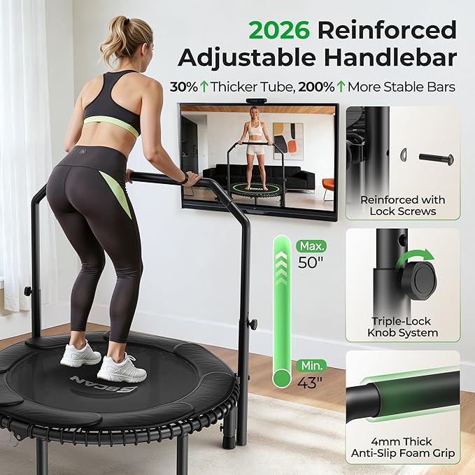 BCAN BT2 450/550LBS Mini Rebounder Trampoline for Adults with Bar, Fitness Trampoline with Bungees, Adjustable Handle, Stable & Quiet, Indoor Outdoor, Whole-Body Workout & Relaxation at Home-40IN/48IN