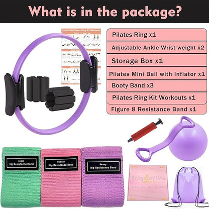 Pilates Ring Kit with Adjustable Ankle Wrist Weights, Resistance Bands, Ball, Pilates Equipment Ball for Home Workout to Tone, Sculpt and Strengthen, Fitness Magic Circle Rings for Yoga Women