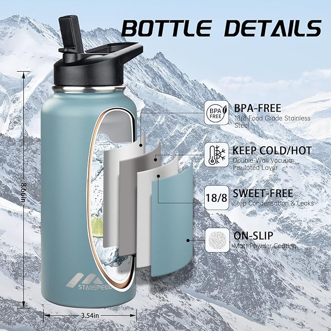 StarSpeed 32oz Insulated Water Bottle with Straw Lid, Stainless Steel Double Walled Vacuum Water Flask, Wide Mouth Sports Water Bottle for Gym Camping Hiking, Azure blue