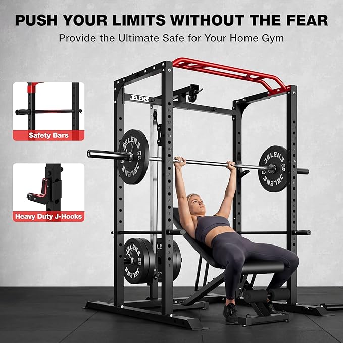 S11 Power Cage, 2000LB Multi-Function Power Rack with LAT Pulldown, Squat Rack with Adjustable Pulley System and Training Attachments, Weight Rack for Home Gym