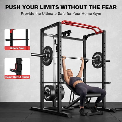 S11 Power Cage, 2000LB Multi-Function Power Rack with LAT Pulldown, Squat Rack with Adjustable Pulley System and Training Attachments, Weight Rack for Home Gym