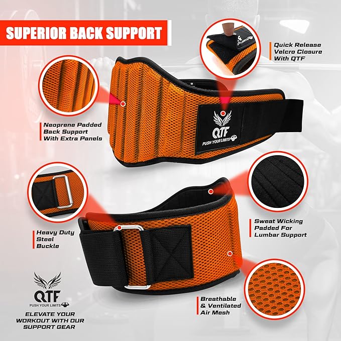 QTF Fitness Neoprene Weight Lifting Belt - Adjustable 6" Gym Support for Stability & Lumbar Support - Sweat Resistant Weightlifting Belt for Men & Women for Squats, Deadlifts & Bench Presses