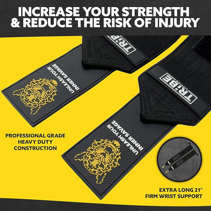 Tribe Lifting Heavy Duty Wrist Wraps & Lifting Straps for Weightlifting - Wrist Straps for Weightlifting Men with Silicone Grip & Padding - Gym Wrist Wraps and Lifting Straps