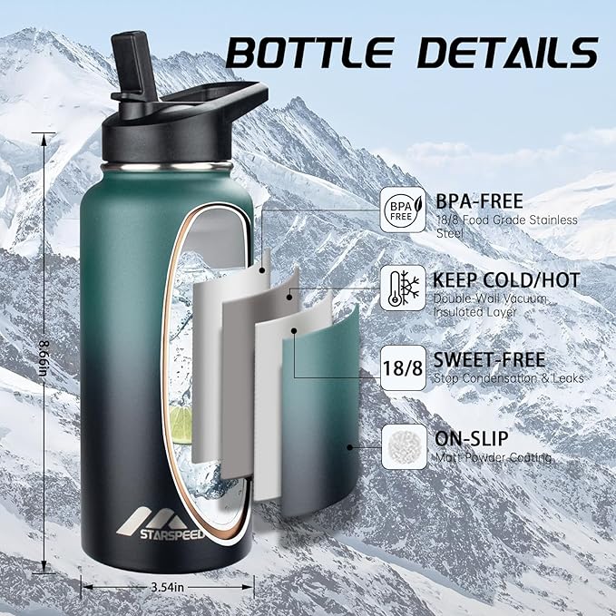 StarSpeed 32oz Insulated Water Bottle with Straws & 2 Lids, Stainless Steel Double Walled Vacuum Water Flask, Wide Mouth Sports Water Bottle for Gym Camping Hiking, Indigo Crush
