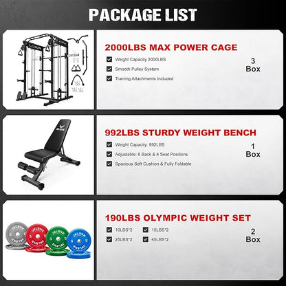 M21 Smith Machine, Multi-Function Power Cage with Dual Pulley Cable Crossover System, 2000LBS All-in-One Squat Rack with Smith Bar and Attachments for Home Gym Strength Training