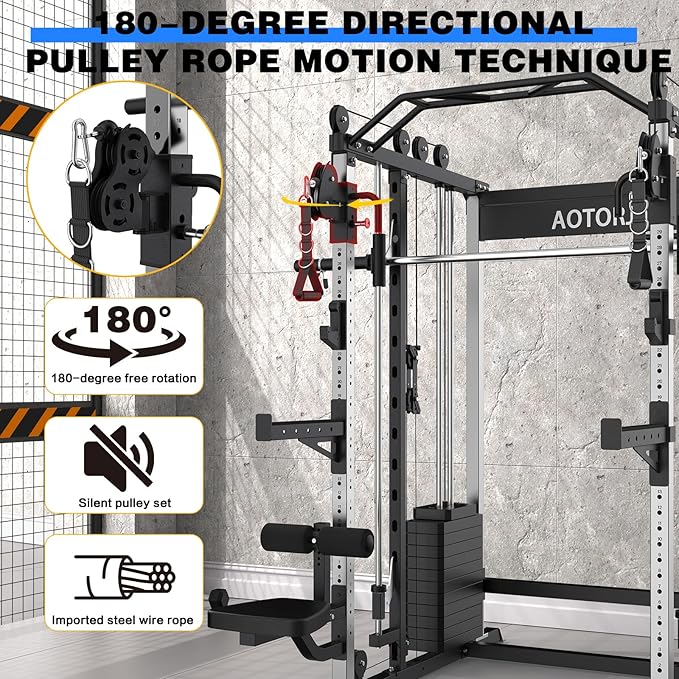 Smith Machine Strength Training Squat Rack with Smith Bar, Power Cage with LAT Pull-Down Systems, Cable Crossover Machine for Home Gym