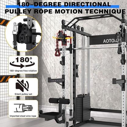 Smith Machine Strength Training Squat Rack with Smith Bar, Power Cage with LAT Pull-Down Systems, Cable Crossover Machine for Home Gym