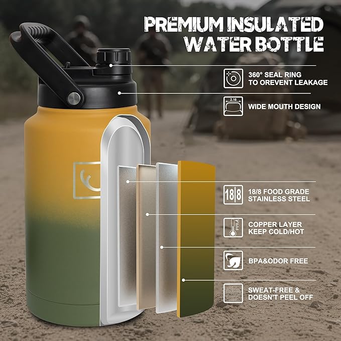 NATURE PIONEOR 1 Gallon Tactical Water Bottle Set, Stainless Steel 128 oz Sport Water Bottle with Tactical MOLLE Bottle Carrier Sleeve, for Outdoor Work, Gym, Hiking, Camping