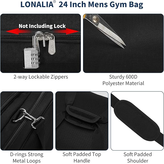 24 inch Mens Gym Bag with Shoe Compartment - 55L Sports Duffle Bag for Travel Workout Fitness-Black