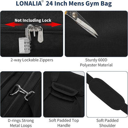 24 inch Mens Gym Bag with Shoe Compartment - 55L Sports Duffle Bag for Travel Workout Fitness-Black