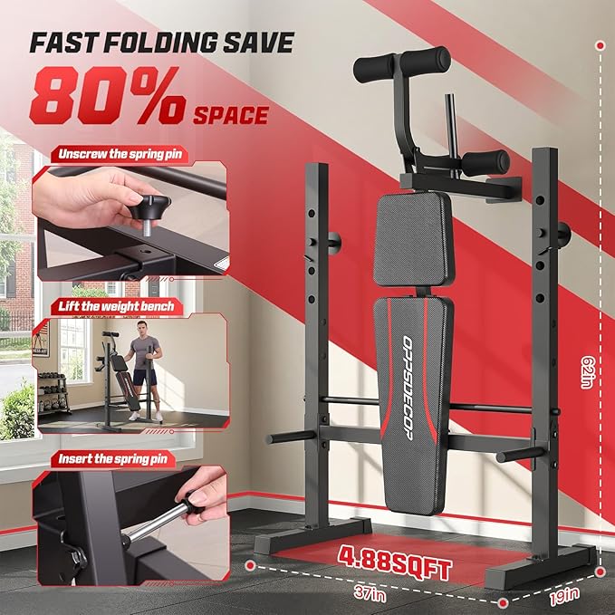 OPPSDECOR Weight Bench Set, Multi-Function Adjustable Bench Press with Squat Rack Leg Extension & Leg Curl Workout Bench Foldable Workout Bench Flat/Incline/Decline Upgrade Weight Benches for Home Gym