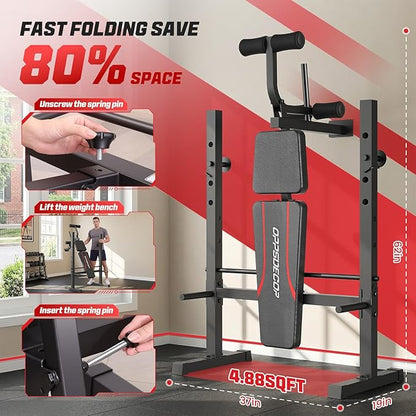 OPPSDECOR Weight Bench Set, Multi-Function Adjustable Bench Press with Squat Rack Leg Extension & Leg Curl Workout Bench Foldable Workout Bench Flat/Incline/Decline Upgrade Weight Benches for Home Gym