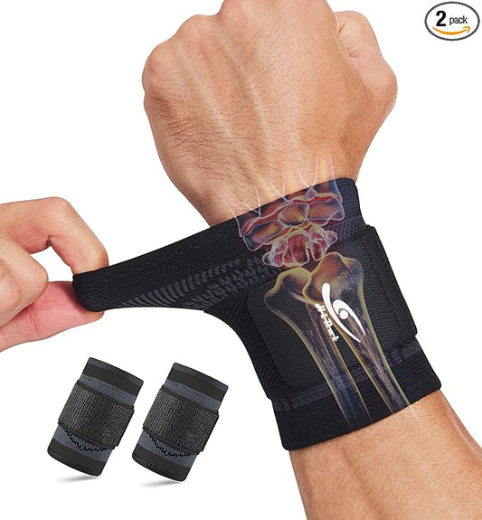 HiRui Wrist Brace Wrist Wraps Compression Wrist Strap, Wrist Support for Work Fitness Weightlifting Sprains Tendonitis, Carpal Tunnel Arthritis, Pain Relief, Adjustable Wristbands 2 PACK (Black, XL)