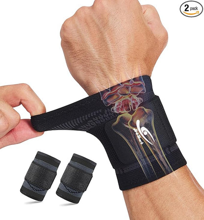 HiRui Wrist Brace Wrist Wraps Compression Wrist Strap, Wrist Support for Work Fitness Weightlifting Sprains Tendonitis, Carpal Tunnel Arthritis, Pain Relief, Adjustable Wristbands 2 PACK (Black, S)
