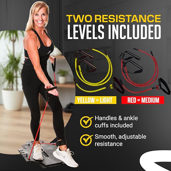 Portable Home Gym Resistance Band Board with Bar – Full Body Workout System for Strength Training, Fitness, Toning, Core, and Low Impact Exercise – Compact All-in-One Workout Platform with Bands
