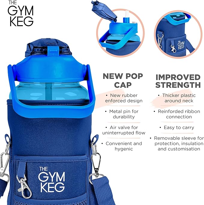 Gym Keg Plastic Water Bottles - 74 oz Bottle Jug with Sleeve & Phone Holder - BPA-free - Sweat & Leak Proof - Water Bottle with Straw and Handle for Workouts, Jogging, Travel, Gym - Blue