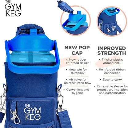 Gym Keg Plastic Water Bottles - 74 oz Bottle Jug with Sleeve & Phone Holder - BPA-free - Sweat & Leak Proof - Water Bottle with Straw and Handle for Workouts, Jogging, Travel, Gym - Blue