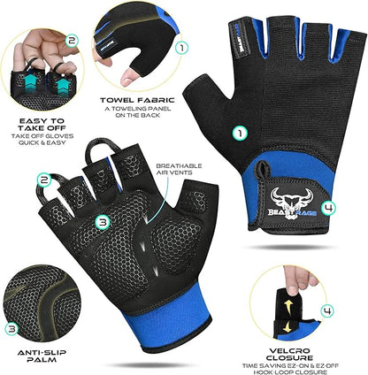 BEAST RAGE Workout Gloves for Men, Durable Palm Grip Gym Gloves Women Half Finger Elasticated Training Weight Lifting Strength Bodybuilding Anti Slip Cycling Gloves Exercise