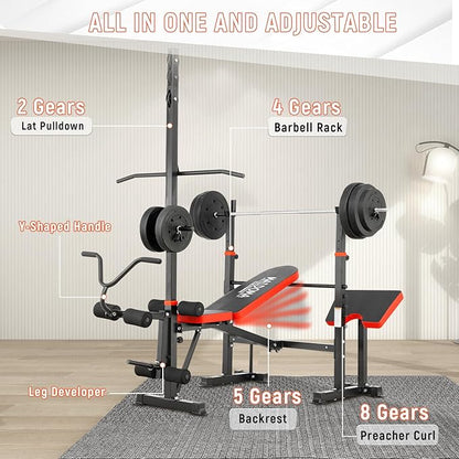 1500LBS 8 in 1 Weight Bench Set with Leg Extension/Curl and Preacher Curl, Bench Press Set and Barbell Rack with Safety Bar Catches, Foldable Workout Benches for Home(US Stock)