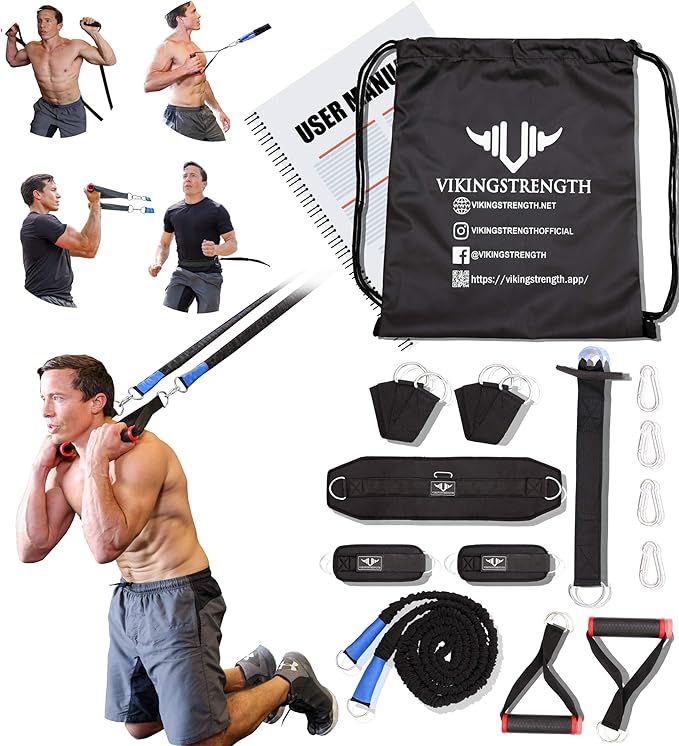 Vikingstrength Total Body System, Exercise Fitness Band for Home, Door Gym with Handles and Running Bungee, Workout for Men/Woman, Garage/Home/Outdoor Gym Equipment + V-Strength Workout App