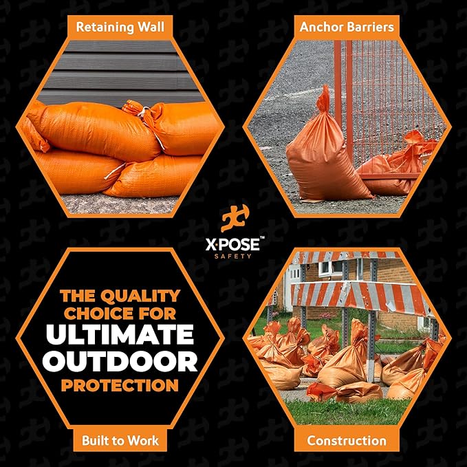 Xpose Safety Heavy Duty Sand Bags with Tie Strings – Empty Woven Polypropylene Sandbags for Hurricane Flood Protection, 50 lb Capacity, 14" x 26", Orange, Pack of 500