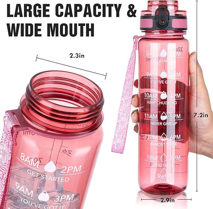 OLDLEY Water Bottle, 32oz Motivational Sports Water Bottle with Time Marker - Times to Drink - Tritan, BPA Free, Wide Mouth Leakproof,Anniversary Birthday Gifts for Men Women, Clear Red