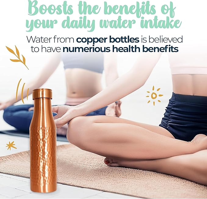 Copper Water Bottle 34 Oz Hammered Copper Water Bottle For Drinking 100% Pure Ayurvedic Vessel For Leak-Proof Lid Bottle for Yoga, Gym, Office, Home