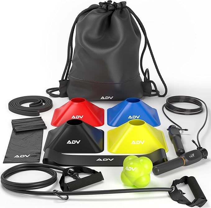 ADV Training Kit V2: Tennis Trainer Equipment for Tennis Training, Practice & Drills – Includes Counting Jump Rope, Resistance Bands, Stretch Bands for Exercise, Tennis Trainer Rebound Ball & Cones