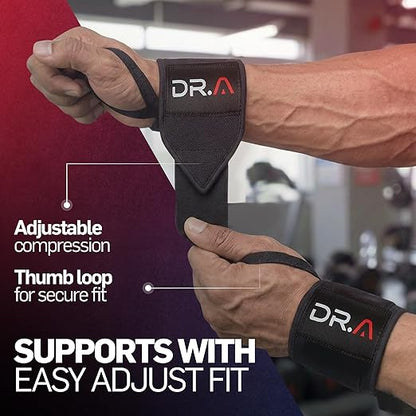 Dr. Arthritis Weight Lifting Wrist Wraps with Thumb Loop, Heavy-Duty Wrist Straps for Weightlifting, Hybrid Training, Olympic Lifts & Calisthenics, Non-Slip Gym Wraps for Men & Women (Black, Pair)